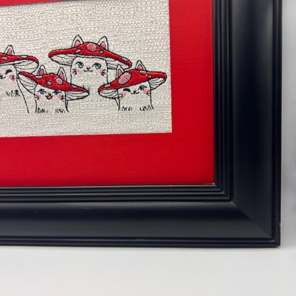 Homemade Black & Red Mushroom Cat Framed Embroidery Art - Picture 5 of 7